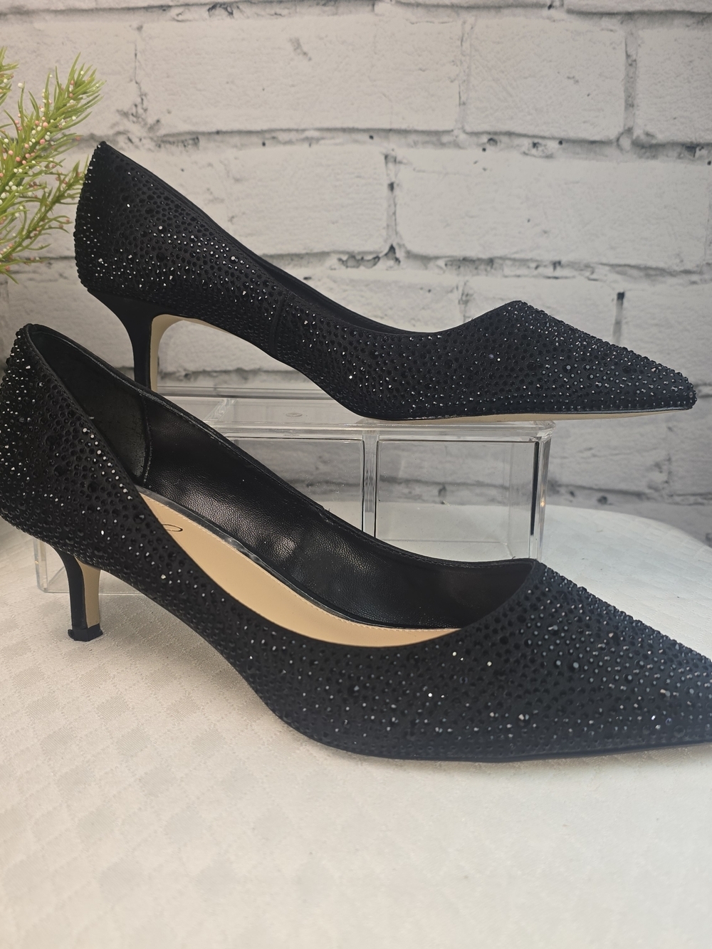 JEWEL BADGLEY MISCHKA WOMENS FRENCHIE POINTED TOE KITTEN HEEL BLACK CRYSTAL 9